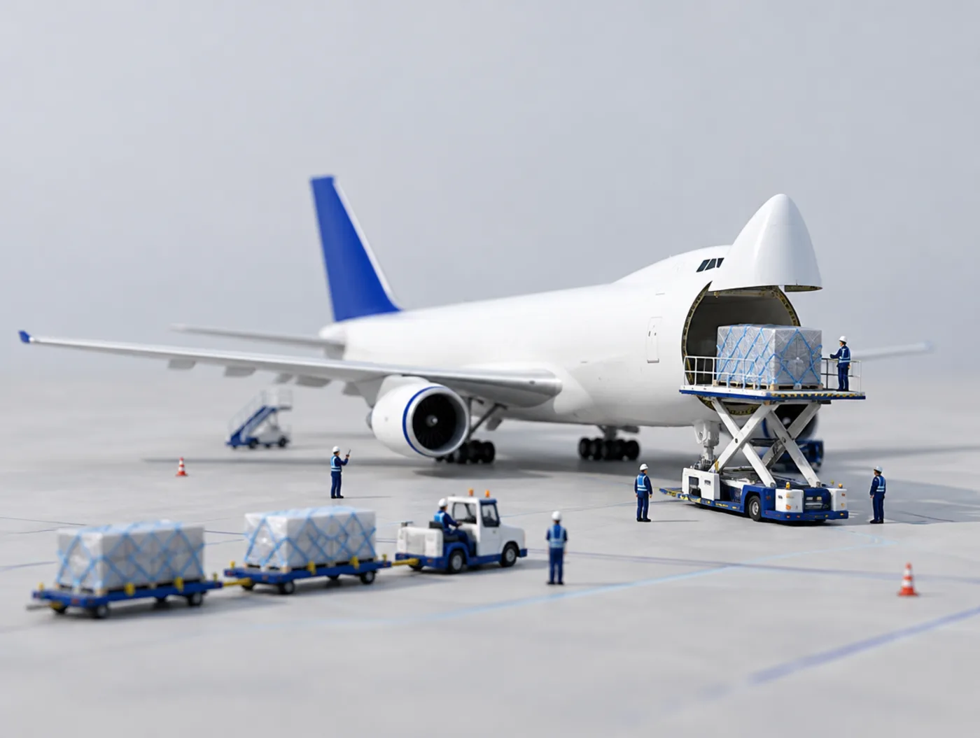 Miniature freighter aircraft loading a pallet through its nose door
