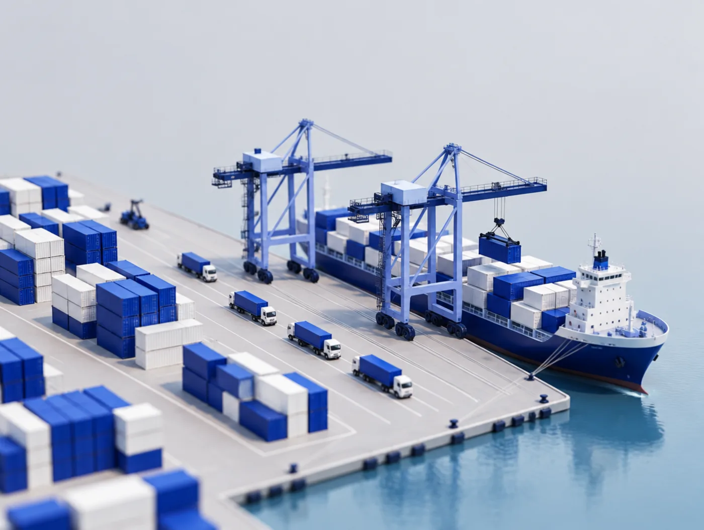 Miniature container port with gantry cranes and a cargo ship